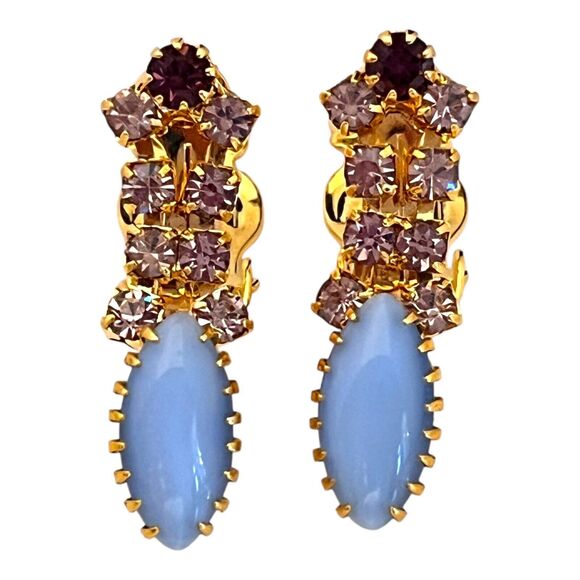 Vintage Brooch & Earring Set Rhinestones Blue Purple Demi-Parure MCM 11I - Picture 4 of 12